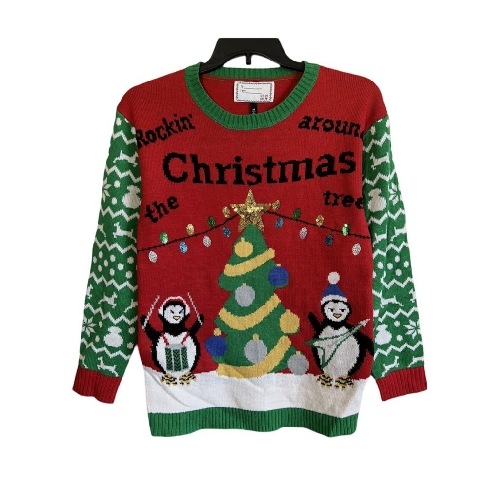 Women's Ugly Christmas Sweater Penguins Sequin Christmas Tree Size L